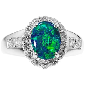 18K White Gold Black Opal Ring | 1.39ct Australian Black Opal | Diamond Halo | K18WG | US Size 5 | Luxury Opal Jewelry | Green Black Opal