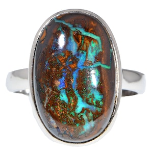 Sterling Silver Green Boulder Opal Ring - US9