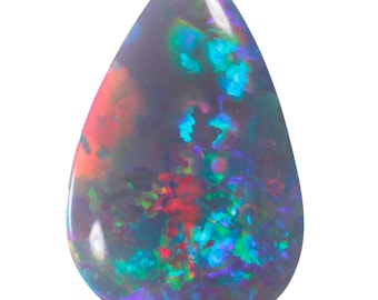 May include: A teardrop-shaped opal gemstone with a gray base and flashes of red, green, blue, and purple.