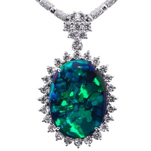 6.1ct Australian Natural Black Opal Necklace Lightning Ridge Opal & Diamond Pendant in 18K White Gold with Certificate