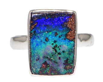 Sterling Silver Natural Australian Boulder Opal Ring US9