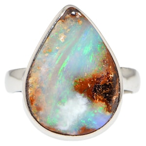 Ring, Sterling Silver, Green Australian Boulder Opal US7, Ladies Unisex Jewelry / Jewellery,, Valentines Day Gift