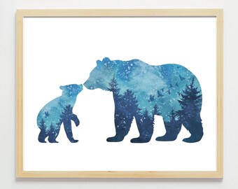 Night Sky Mama Bear Wall Art, Nursery Decor, Kids Room Poster, woodland print, Baby shower gift, mama bear art, watercolor painting