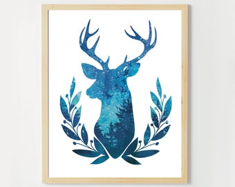 Night Sky Deer Wall Art, Nursery Decor, Kids Room Poster, woodland print, Baby shower gift, children’s moon and stars watercolor painting