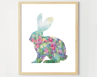 Wildflowers Rabbit Wall Art, Nursery Decor, Kids Room Poster, spring Easter print, Baby shower gift, children’s floral watercolor painting