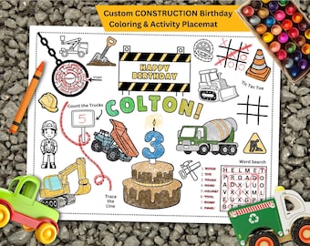 Jogo americano personalizado com tema de construção para aniversário, página para colorir infantil (download digital)