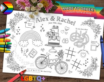 May include: A black and white coloring page with a wedding theme. It features a rainbow, a bicycle, a cake, a maze, and the text "Alex & Rachel" and "June 12th, 2025".