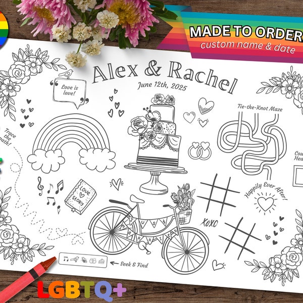 Printable LGBTQ+ Wedding Coloring Placemat for Kids, Queer Wedding, Activity Mat, Reception Game, Love is Love, Inclusive, gay marriage