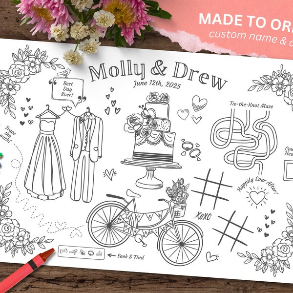 Printable Wedding Coloring Placemat for Kids, Digital File, Wedding Activity, Activity Mat, Reception Game, Customizable Bride + Groom Names