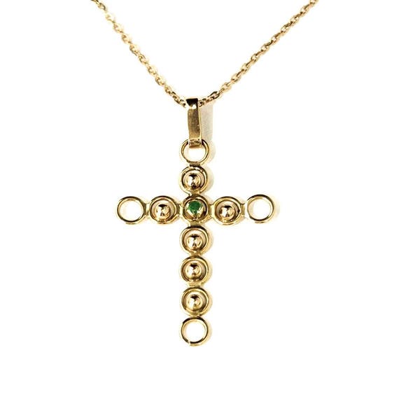 18ct Yellow Gold Handmade Emerald Cross Pendant Necklace - Vintage Emerald Cross Pendant 18ct Yellow Gold Handmade Emerald Cross Pendant Necklace - Vintage Emerald Cross Pendant