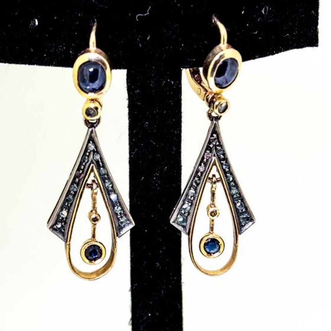 Art Deco Antique Earrings With Blue Sapphire Cabochons and Rose Cut ...
