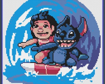 Lilo and Stitch Surfing Inspired Cross Stitch Pattern