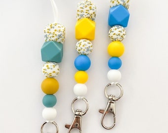 Floral lanyard / floral keychain / teacher gift / teacher lanyard / flower lanyard / blue and yellow lanyard