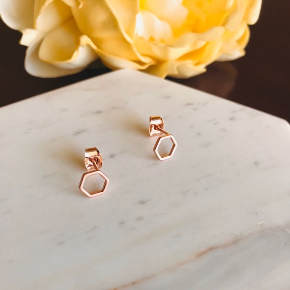 Rose Gold Hexagon Stud Earrings 14k Gold Plated Hexagon Earrings