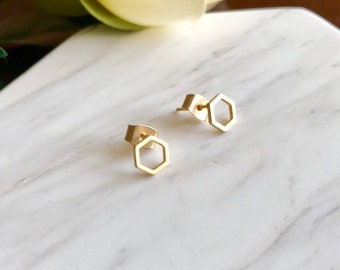 Gold stud earrings | 14k gold hexagon single or pair earring | gold plated studs | 14k gold hexagon studs minimalist geometric earring