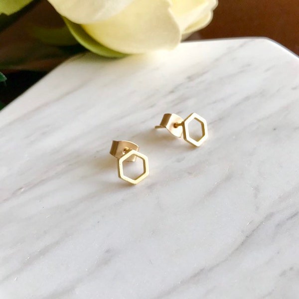 Gold stud earrings | 14k gold hexagon single or pair earring | gold plated studs | 14k gold hexagon studs minimalist geometric earring