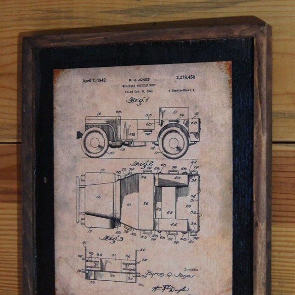 1942 Military Vehicle (Willy's & Jeep) Patent Image - Wooden Sign