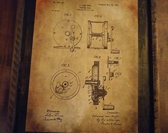 1902 Fishing Reel Patent Image - Wooden Sign