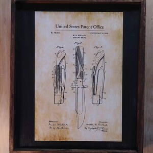 May include: A black and white patent drawing of a hunting knife. The drawing shows the knife from three different angles. The patent number is 728,416 and the date is May 19, 1900. The inventor is Milton H. Rowland.