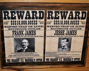 Frank and Jesse James Wanted Image - Wooden Sign