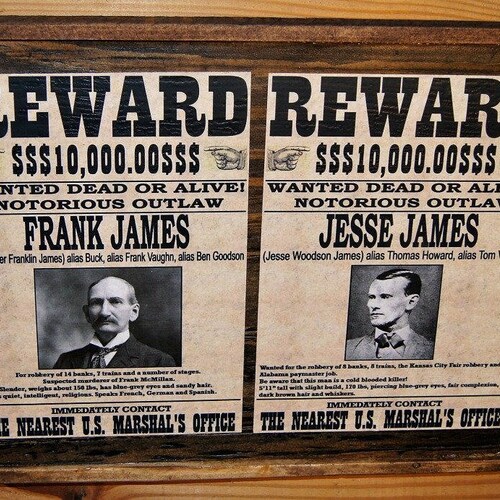 Reclaimed Wood Framed Vintage Frank and Jesse James Wanted Etsy