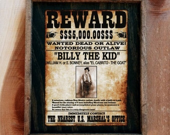 Imagen de cartel de "Se busca" de Billy the Kid - Letrero de madera