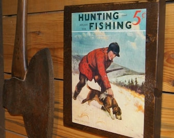 Vintage Hunting and Fishing Magazine Cover 1938 on Reclaimed Wood