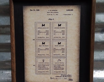 1935 Monopoly Cards Patent Image - Wooden Sign