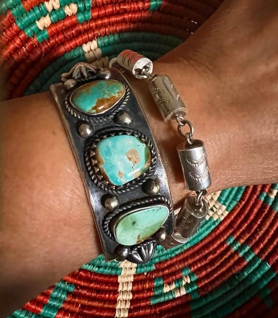Myron Etsitty “Grace ‘n Grit” Native Rustic Sterling Silver Royston Turquoise Row Cuff 87 Grams