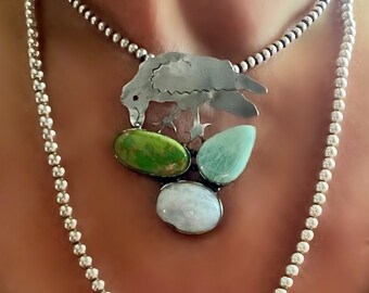 Large Gothic Sterling Silver Raven Feasting on Three Natural Stones (Green Copper Turquoise, Moonstone and Larimar; 2.5”)