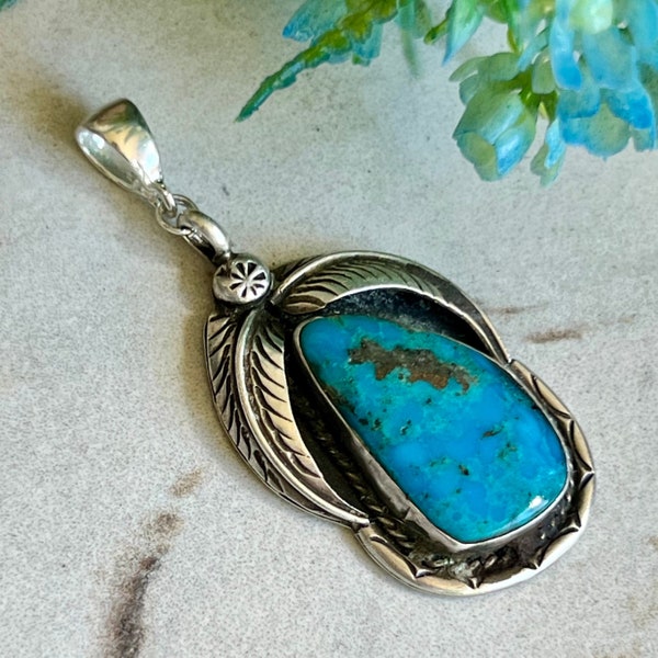 Vintage Sterling Silver Southwestern Navajo Native American Turquoise Pendant Signed FJ