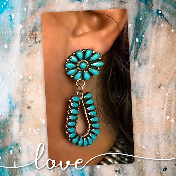 Native Sterling Silver Turquoise Cluster Drop Stu… - image 4