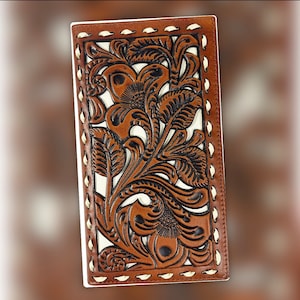 Great Holiday Gift Idea! Brown/Rodeo Style “Ace-High” Western Tooled & Hand Stitched Leather Long Wallet 6.75” by 3.75”