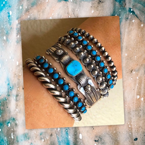 Navajo Made Solid Sterling Silver Turquoise Old S… - image 1