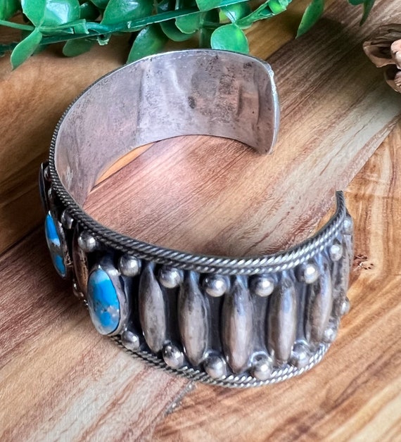 Native Vintage Sterling Silver Turquoise Row Cuff… - image 5