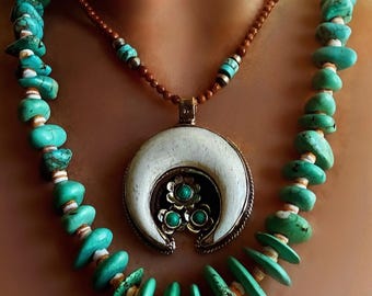 Large Southwestern Style Silver Bone Carved Flower Turquoise Naja Pendant