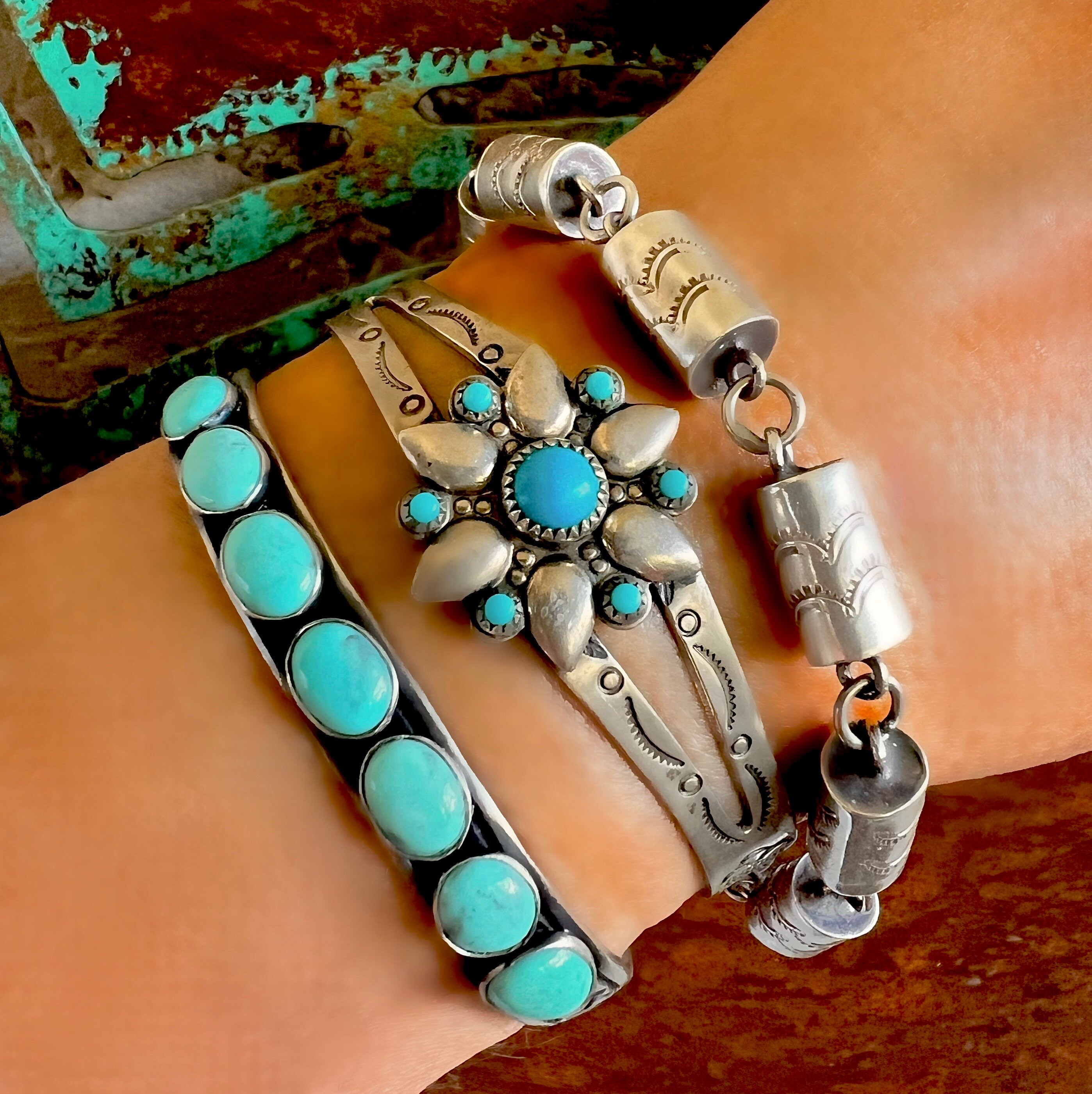 アパッチ族 バングル ヴィンテージ Vintage BELL Turquoise Flower Ingot Silver Native American