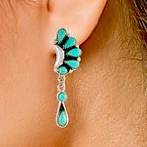 Sterling Silver Turquoise Half Cluster Dangle Post “Half Moon” Earrings
