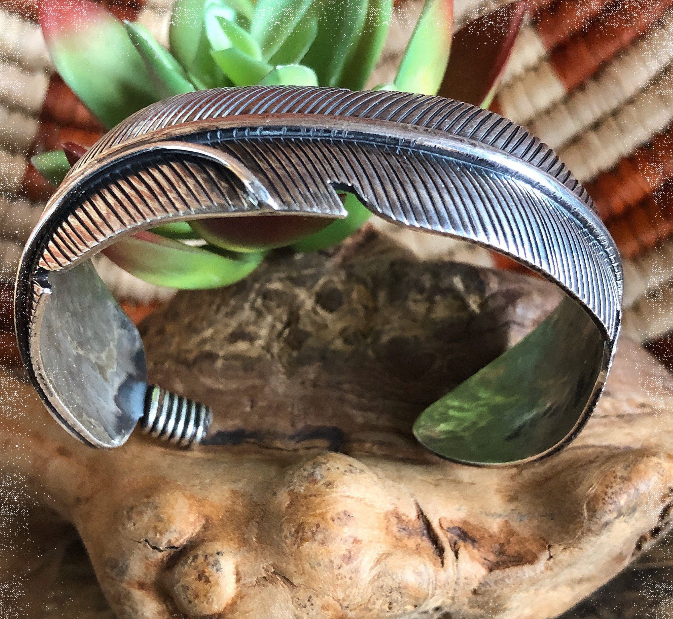 Solid Heavy Navajo Feather Design Cuff Sterling Silver 925