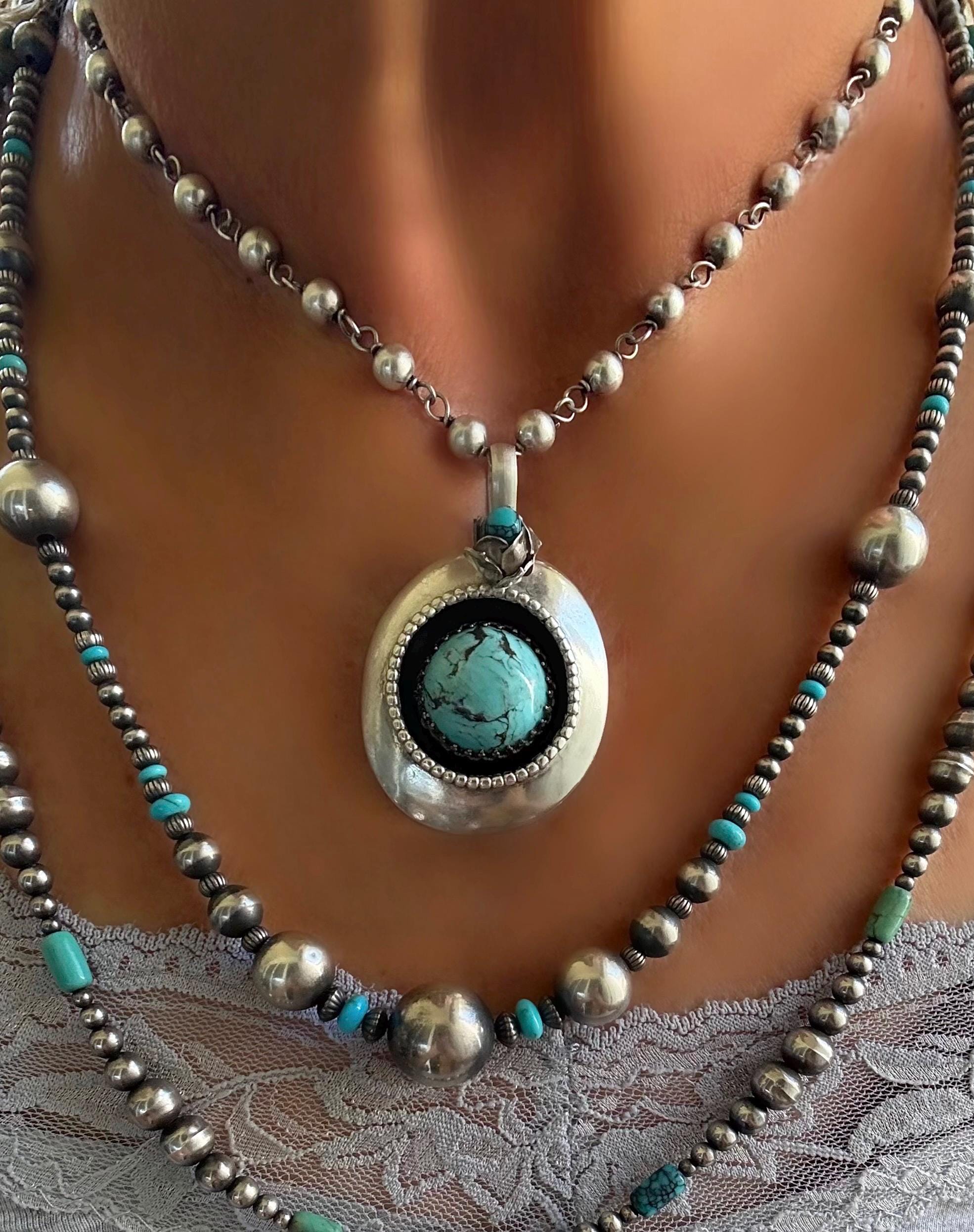 Vintage Sterling Silver Blue Turquoise Large Southwestern Hand Made Shadowbox Pendant