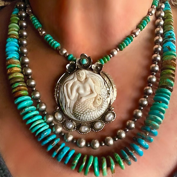 Large Silver Carved Bone & Turquoise Mermaid Flower Pendant