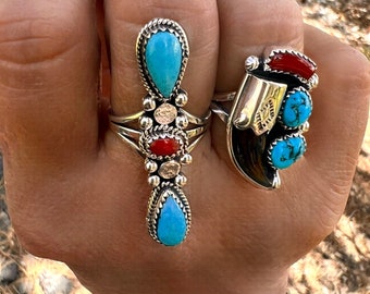 NAVAJO Genuine Coyote Claw Turquoise & Coral Size 8.5 Ring (~5.53g)