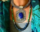 HUGE Exquisite Native American Sterling Silver Lapis Repoussé Statement Pendant