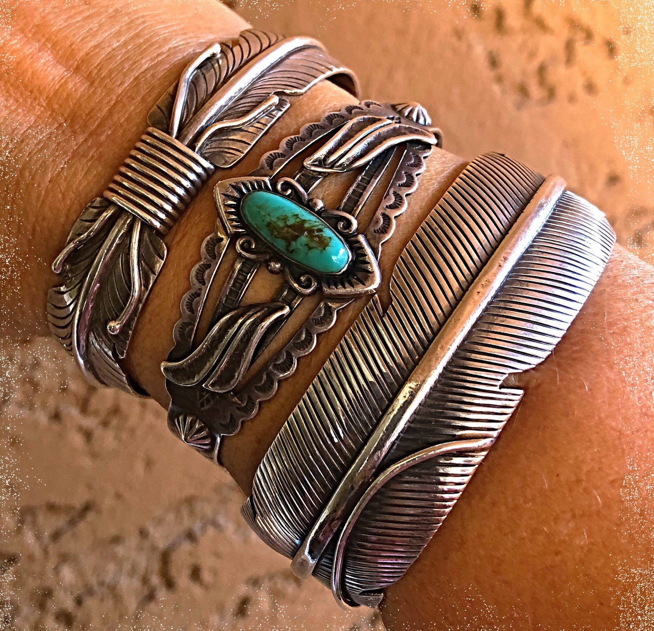 Solid Heavy Navajo Feather Design Cuff Sterling Silver 925