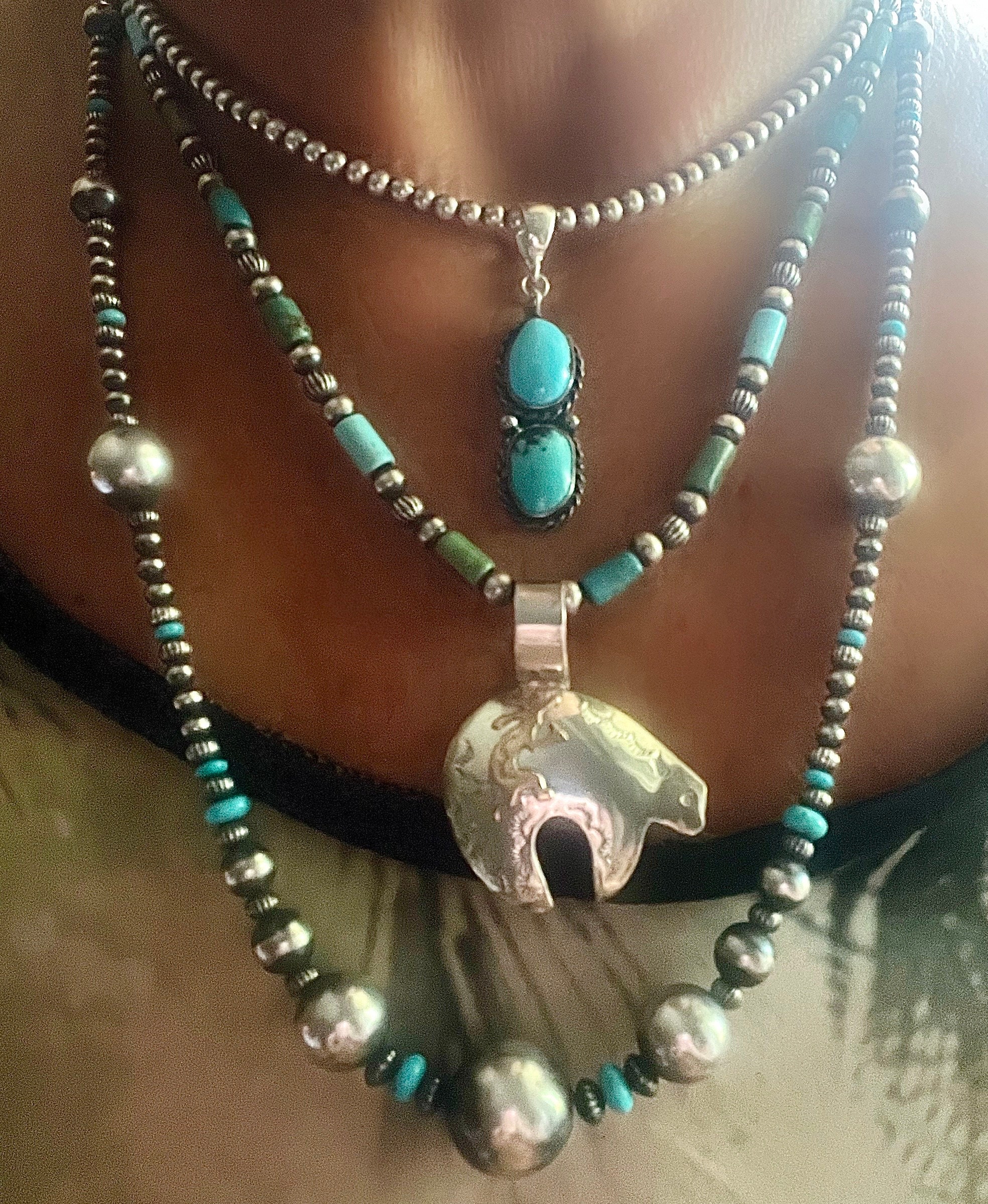 Vintage Handmade Native Southwestern Sweet Sterling Silver Double Turquoise Pendant