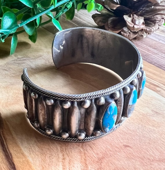 Native Vintage Sterling Silver Turquoise Row Cuff… - image 6