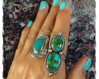 Minty Green Turquoise Sterling Statement Ring Size 9