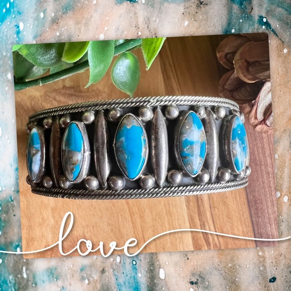 Native Vintage Sterling Silver Turquoise Row Cuff… - image 8