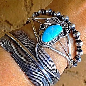 Solid Heavy Navajo Feather Design Cuff Sterling Silver 925 Bracelet 51g 6.75”