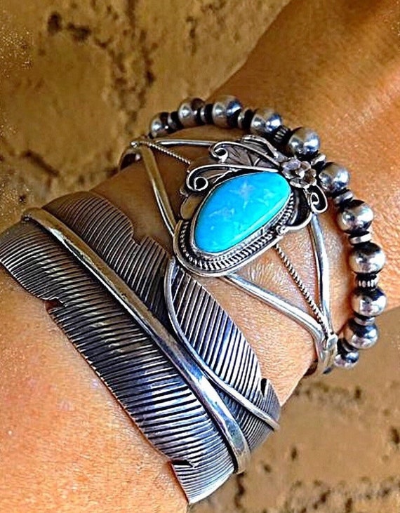 Solid Heavy Navajo Feather Design Cuff Sterling Silver 925